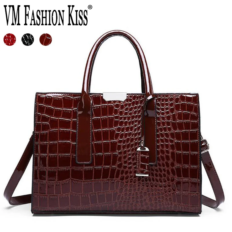 

VM FASHION KISS Women's 34cm Totes Crocodile Pattern Patent Leather Handbag Female Crossboby Shoulder Hand Bags For Women