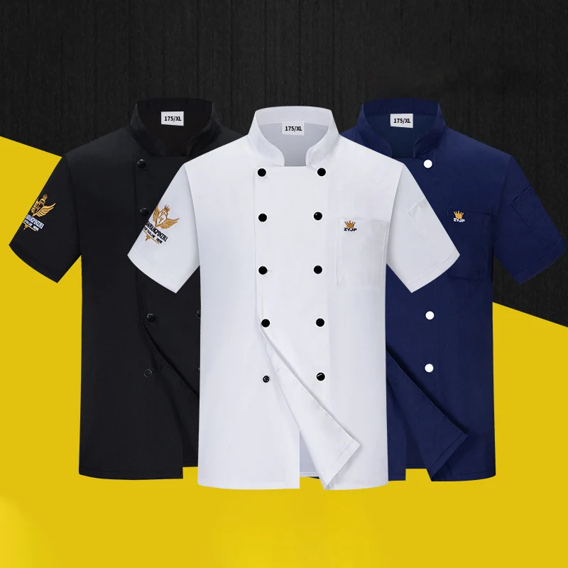 Chef Uniform Waiter Work Uniform Unisex chef uniform Short Sleeve Black restaurant Uniform Bakery Food Service Breathable Double Breasted Cooking clothes