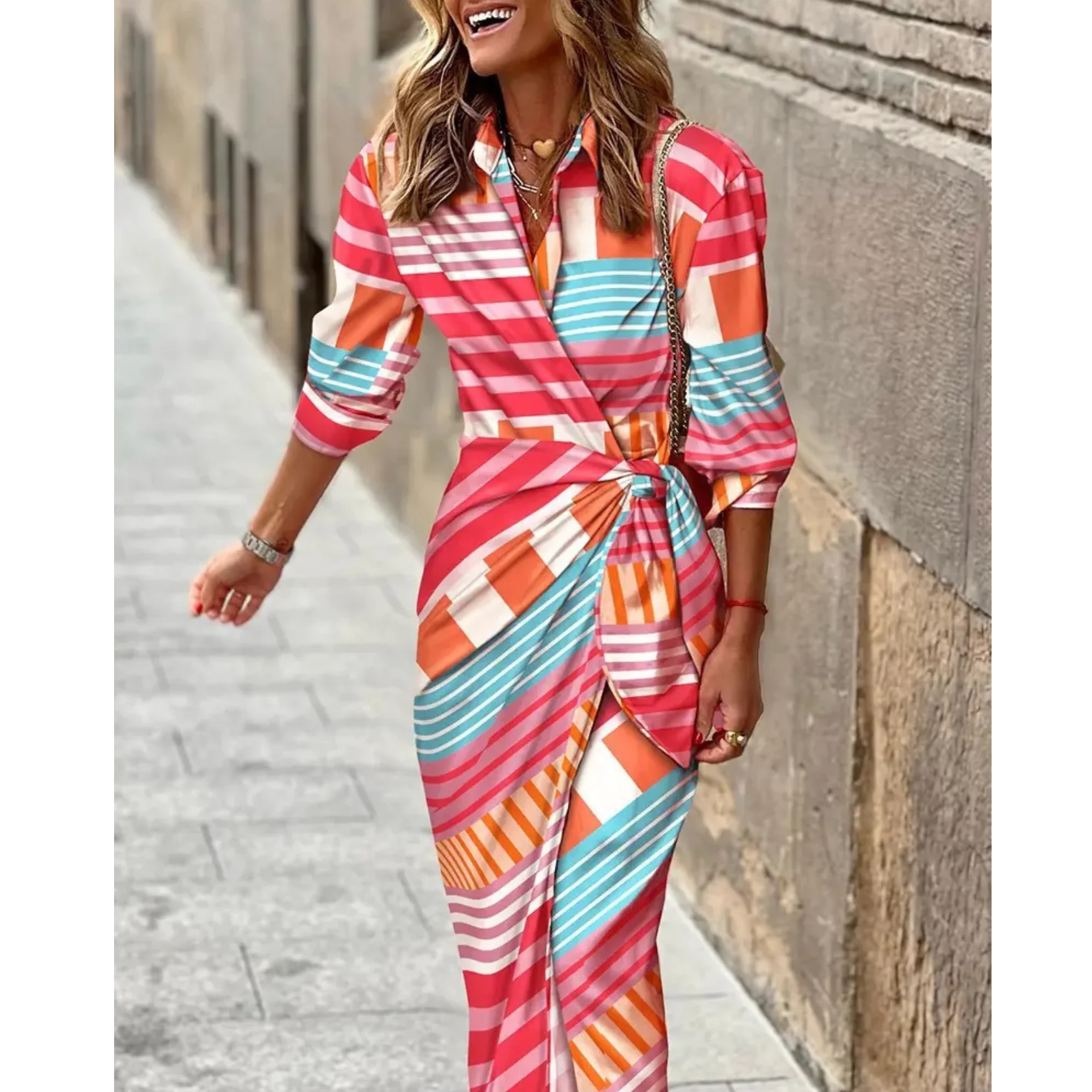 

Women Casual Long Sleeve Lapel Elegant Slim Maxi Dress 2022 Spring New Long Ol High Waist Dress Chic A-Line Party Holiday Dress