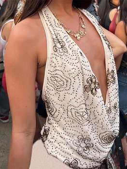 Women Tank Tops Beaded Flower Cowl Neck Halter Neck Casual Vests Summer Backless Sleeveless Tops Streetwear 1