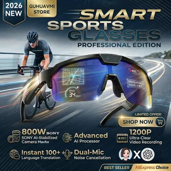Nuovi Occhiali Smart AI per Sport all'Aperto da Uomo con Fotocamera da 800W, Traduzione in oltre 100 Lingue, Foto da 3000W, Video 1200P, Assistente Vocale AI e Bluetooth