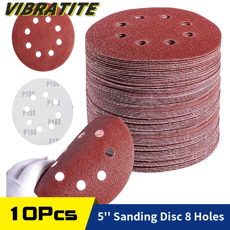 10PCS 5 Inch 8 Hole Sanding Discs Hook and Loop Adhesive Sandpaper
