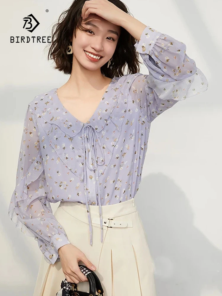 

Birdtree Ruffles Sleeve Top,2024 Spring 100%Real Mulberry Silk Shirt Lotus Leaf V-neck Long-sleeved Printed Blouses T36936QC