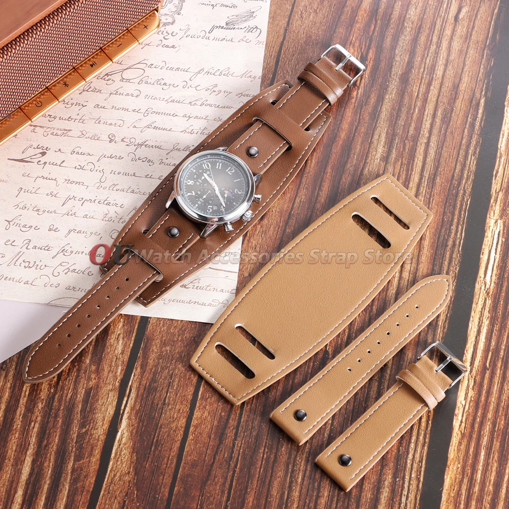 Vintage Cowhide Cuff Watch Band Bracelet in Deep Brown, Black, and Light Brown