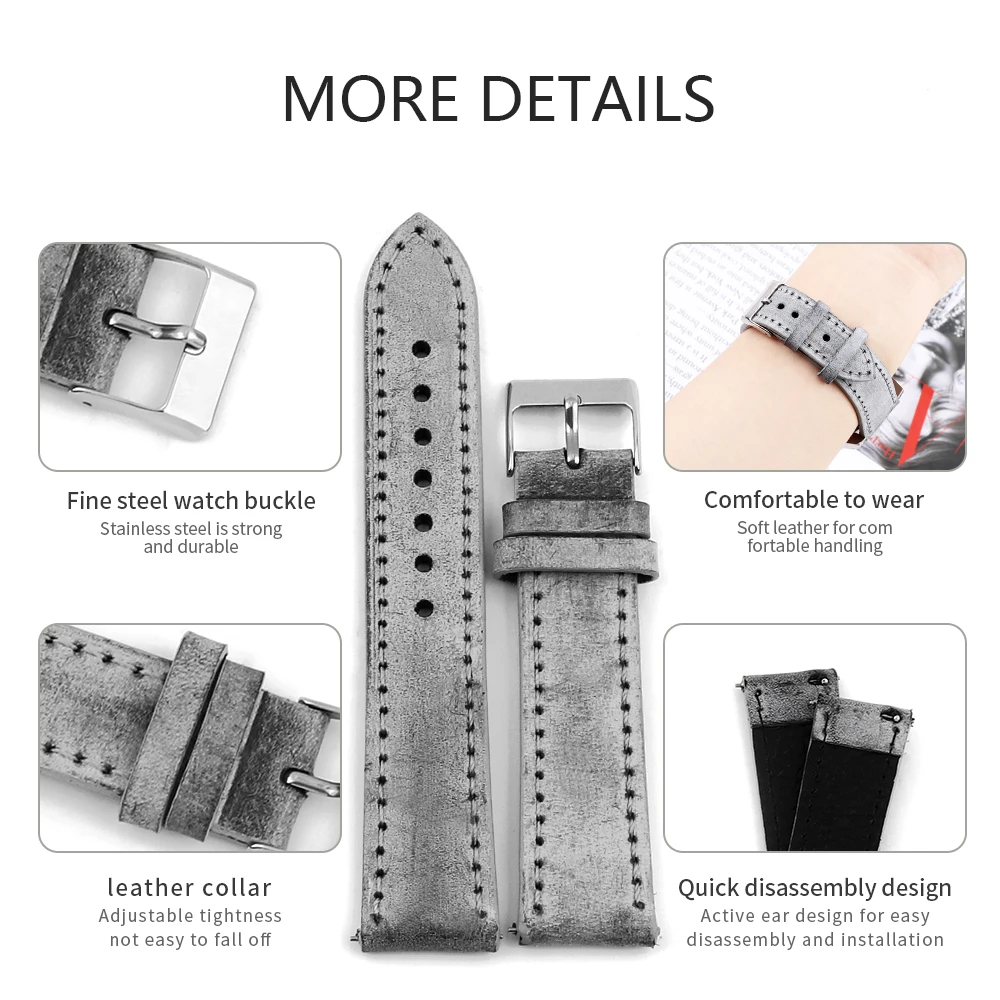 Oil Wax Leather Watch Strap 16mm 17mm 18mm 19mm 20mm 23mm 24mm Retro Watchband Grey White Handmade Watchband Accessories