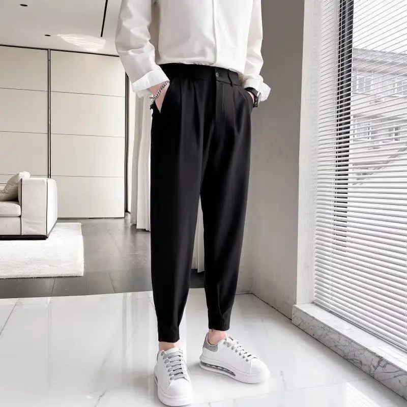 

New Fashion Spring Summer Pants Men Tapered Bottom Slit Trousers Korean Style White Khaki Black Elastic Waist Casual Pants Man