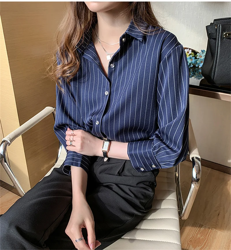 PLAZSON 여성용 클래식 스트라이프 셔츠, 싱글 브레스트 긴팔 가디건 블라우스, 오피스 셔츠 상의, 용수철 가을 패션