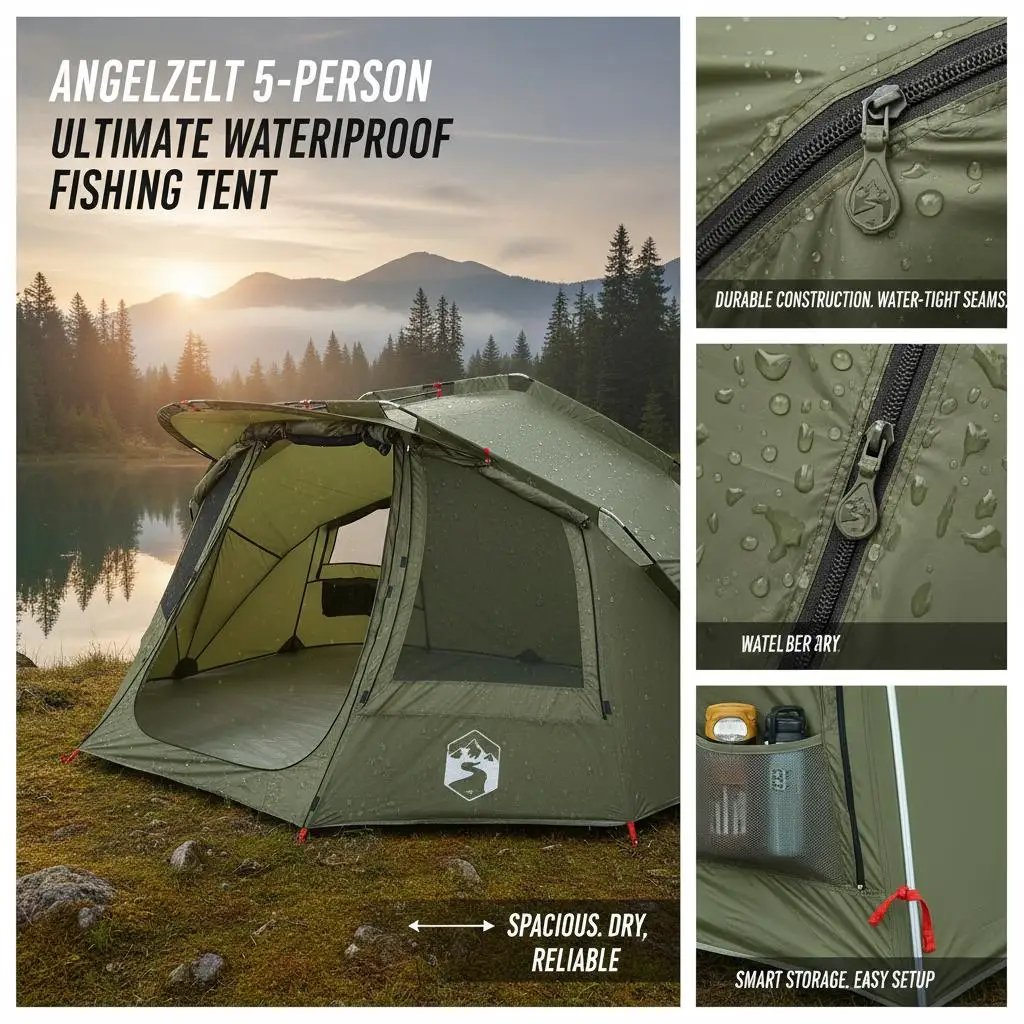 Anglerzelt für 5 Personen, olivgrün, wasserdicht – Detail 2