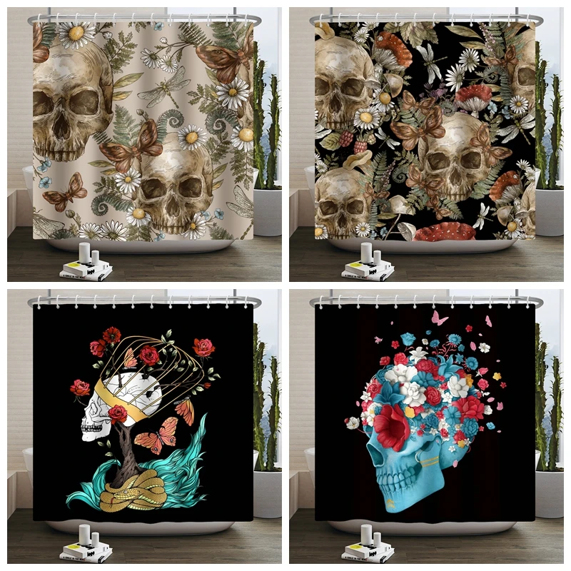 

Sugar Skull Shower Curtain Mushroom Floral Gothic Halloween Bathroom Decor Goth Skeleton Spooky Vintage Artwork Bath Accessories