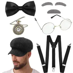 1920s Mens Clothing Great Gatsby Gangster Costume Accessories Set 30s Manhattan Fedora Hat Y-Back Suspenders Pocket Watch