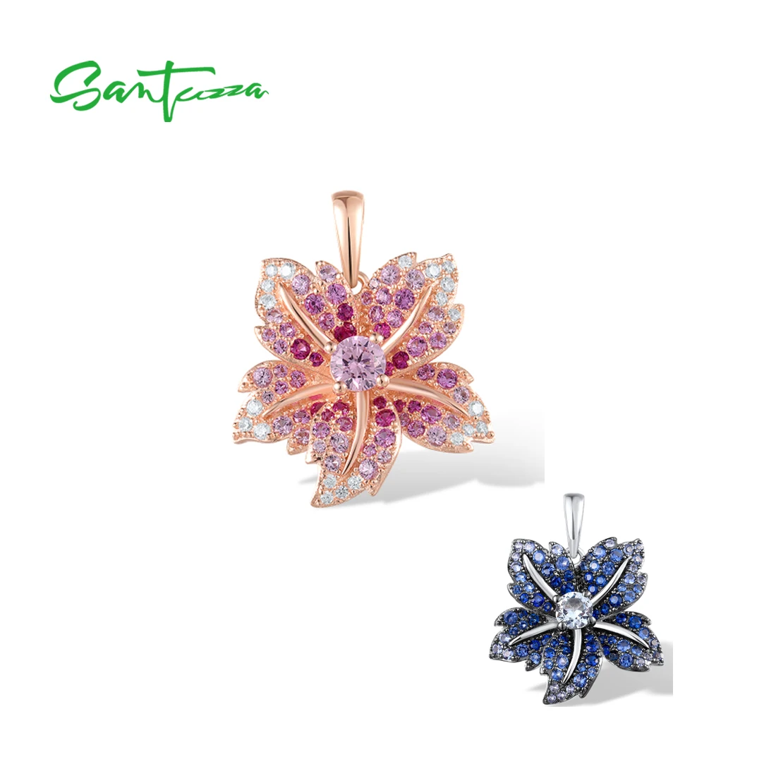 

SANTUZZA Authentic 925 Sterling Silver Pendant For Women Sparkling Blue Pink Color Lily Flower Delicate Wedding Fine Jewelry