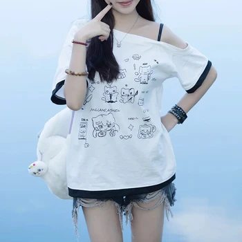 Japanese Y2k Subculture Cute T Shirt Off-shoulder White Short-sleeved Summer T-shirt Woman Cartoon Print Sweet Harajuku Tees 1