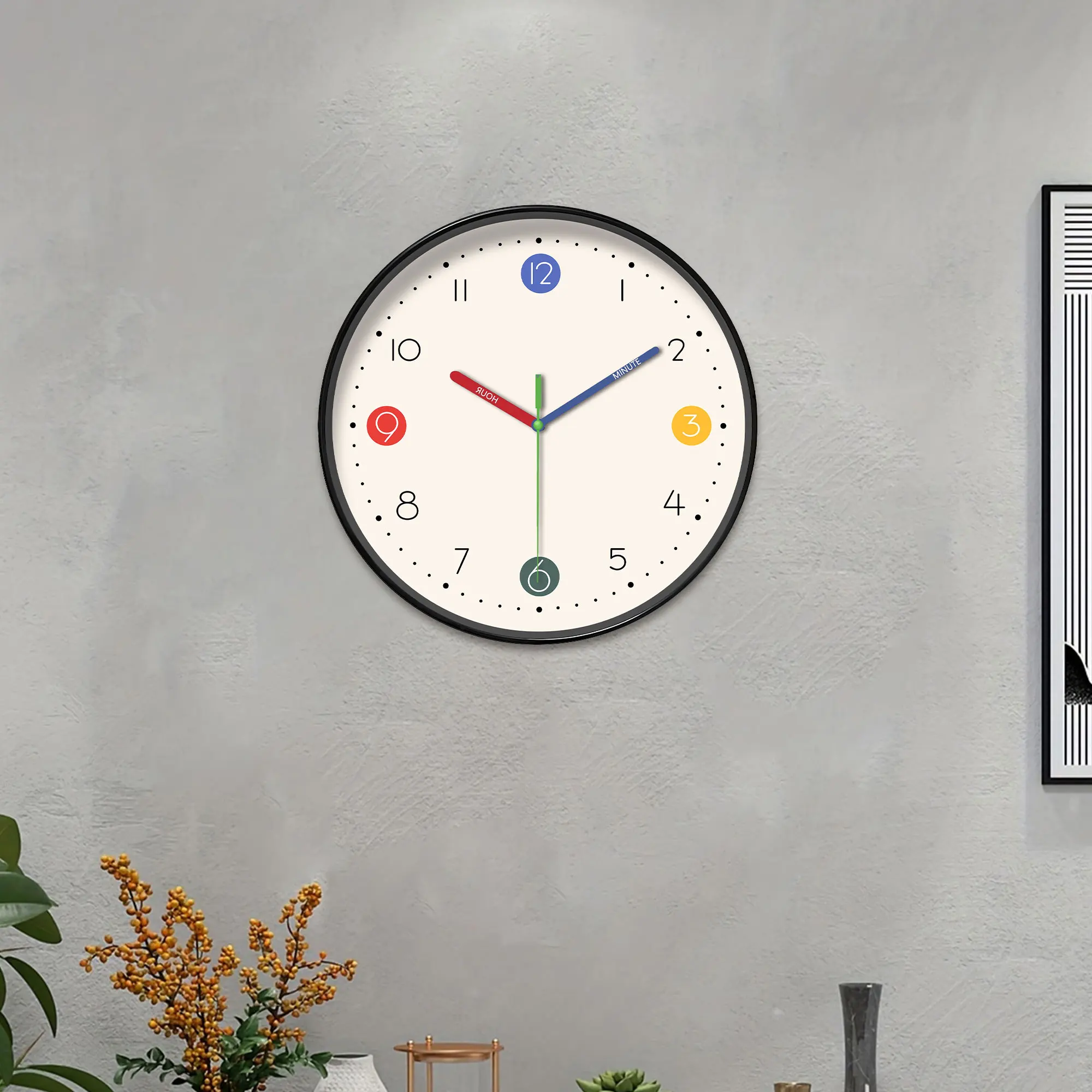 A simple beige and white instructional wall clock with colorful hands and cute digital design wall clock, 10-16 inch round silen