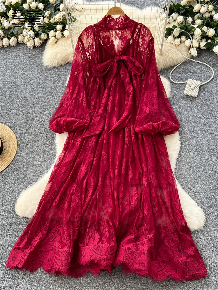 SINGREINY High Street Lace Loose Dress Bow Collar Long Lantern Sleeve Oversize Dress Autumn Thin Vintage Senior 2 Pieces Dresses 4