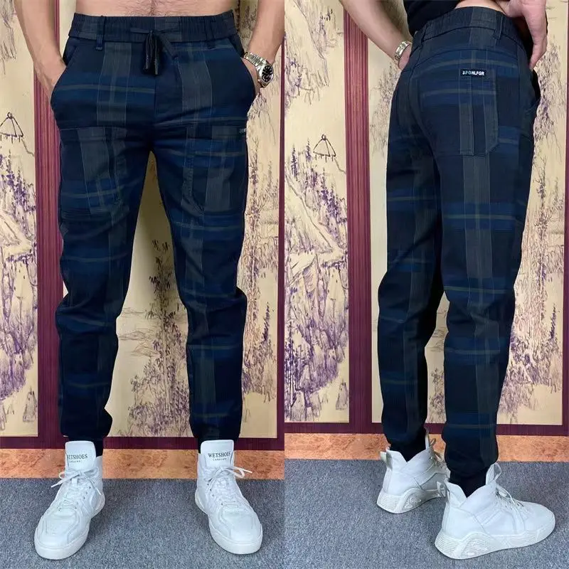 

2023 New Men's Fashion Six-pocket Checkered Casual Pants Men's Fashion All-match Elastic Color Matching Small Feet Harem Pants