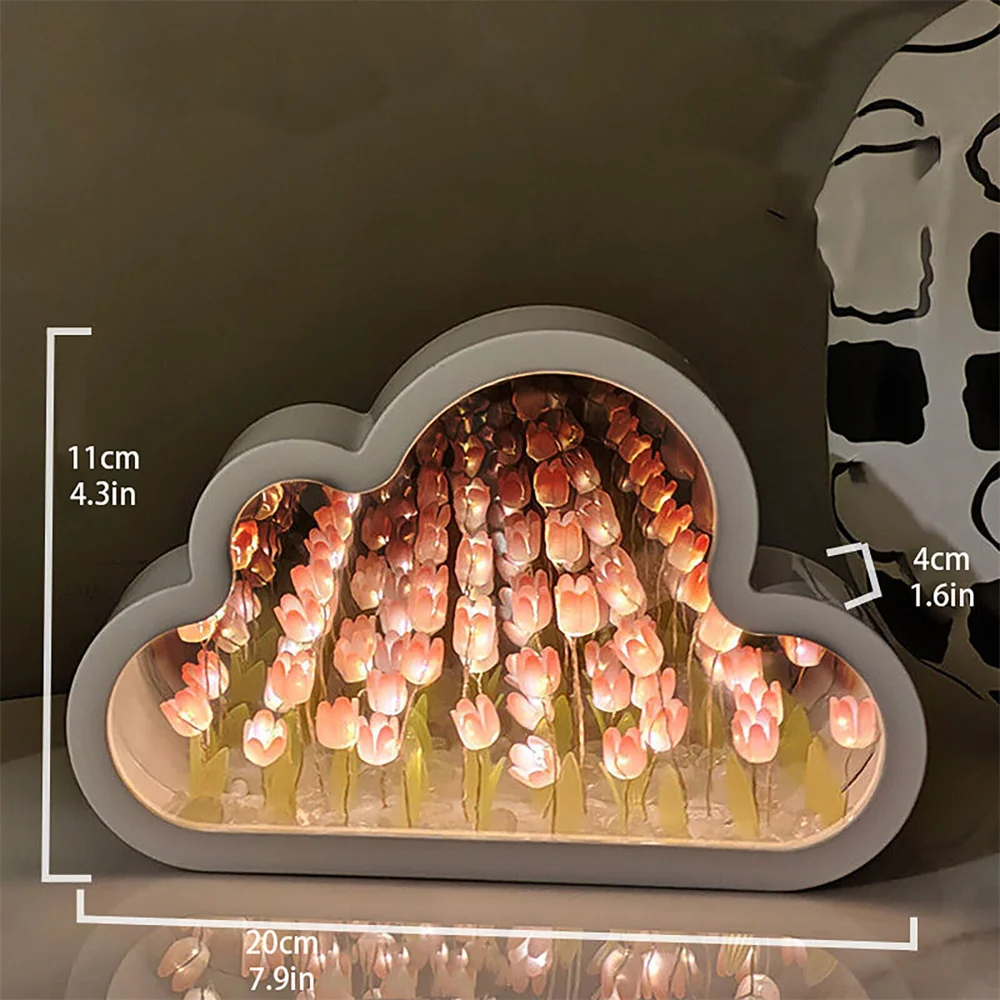 DIY 클라우드 튤립 야간 조명 수제 LED 거울 램프, 홈 데스크탑 장식, 2 인 1 튤립 꽃 거울, 어린이 소녀 선물
