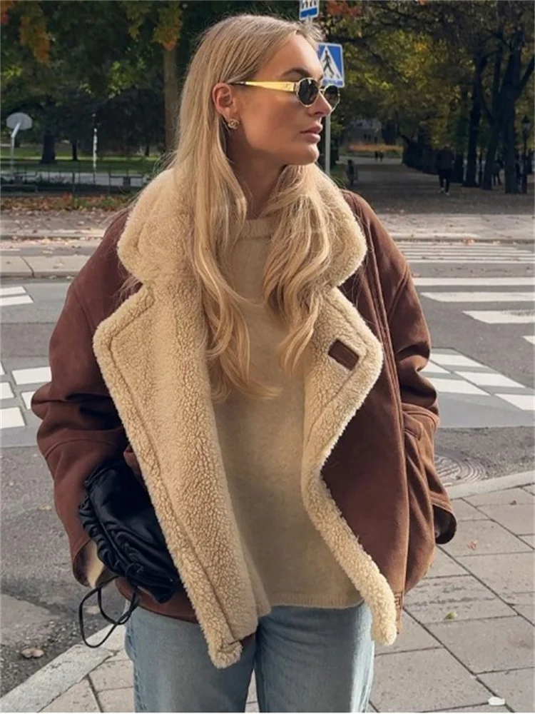 Winter Loose Fashion Overcoat For Women Lapel Pocket jacket Coat Streetwear Commute Contrast Vintage Ladies Outwear 2025