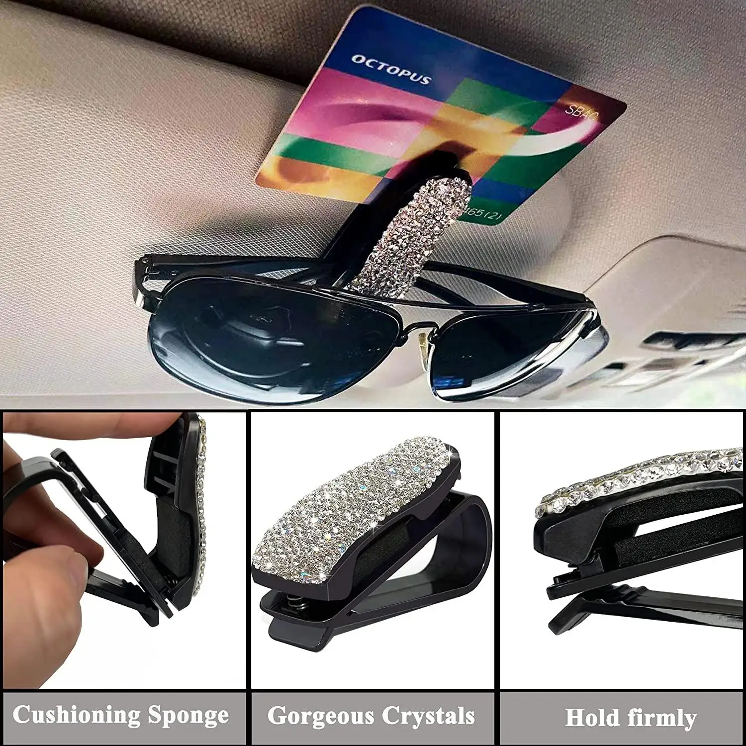 3PCS Bling Car Rearview Mirror Cover Crystal Diamond Decoration And Rhinestone Sunglasses Holder Clip Interior Accessories