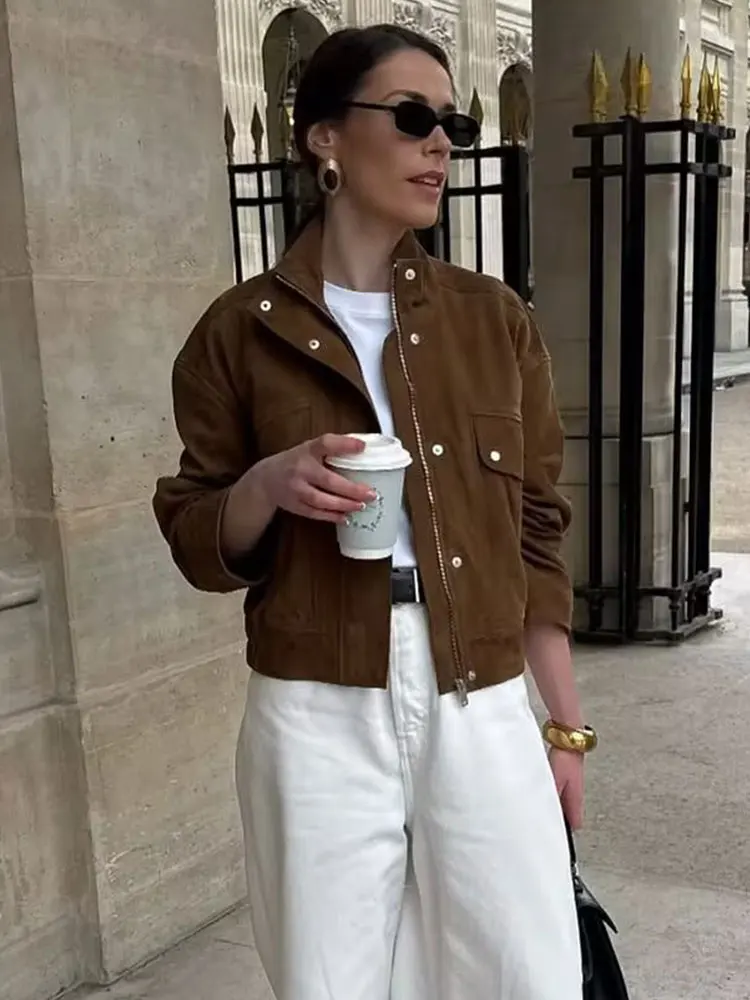 HH Women Vintage Solid Suede Coat Turtleneck Long Sleeve Zipper Bomber Jacket Outerwears Autumn Casual Female Streetwear