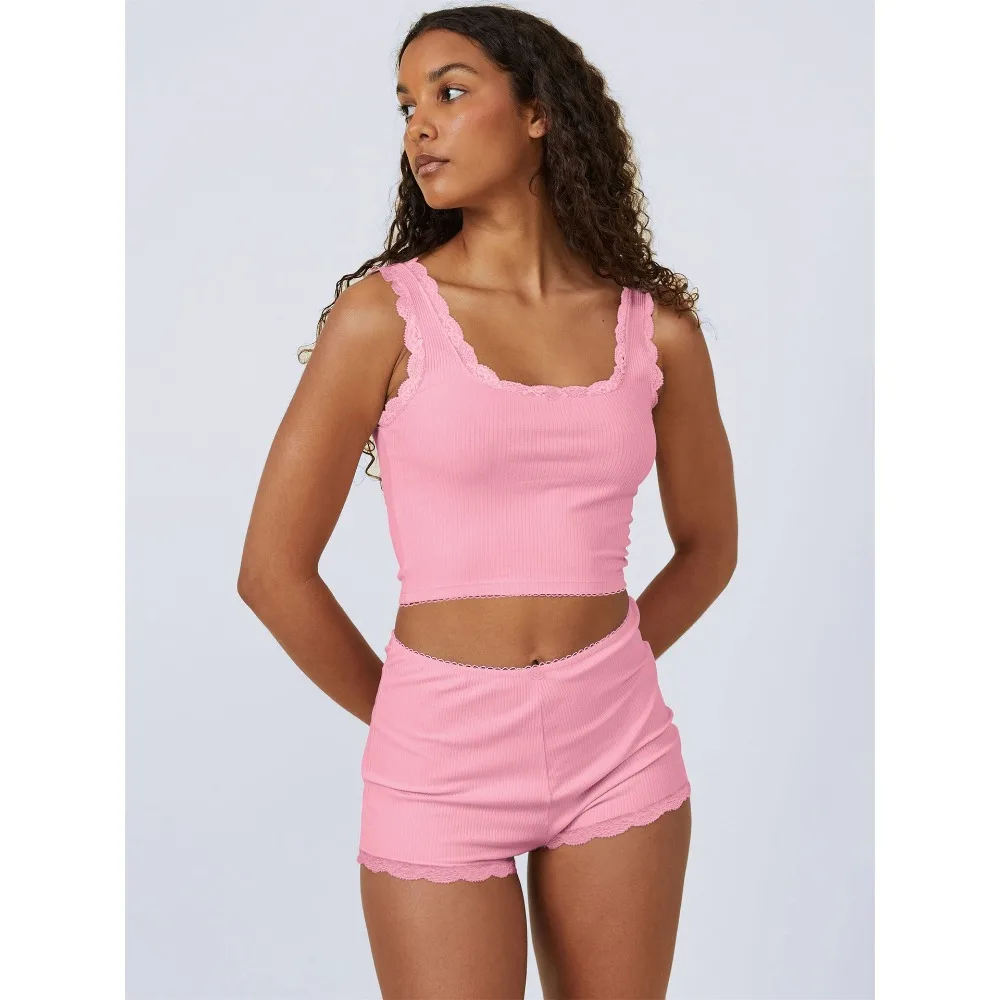Two Pieces Set Pajamas for Women Solid Casual Tanks Shorts Suit Sexy Sleeveless Crop Tops Pajamas Homewear Ladies Loungewear