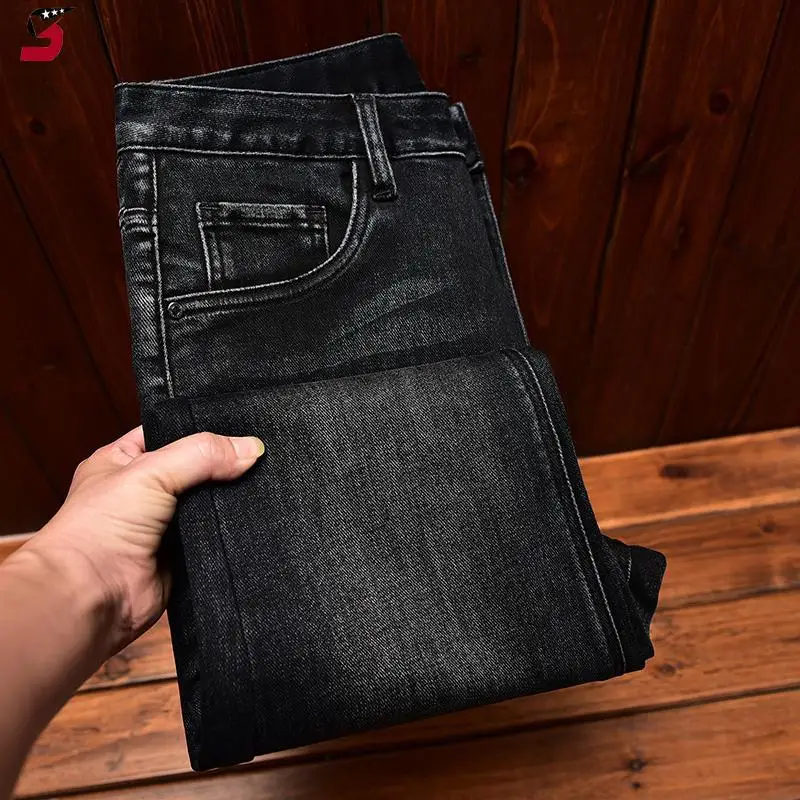 High-end Trendy Men's Jeans Fashion Printed Loose Straight Casual Stretch Black Gray Long Pants 5
