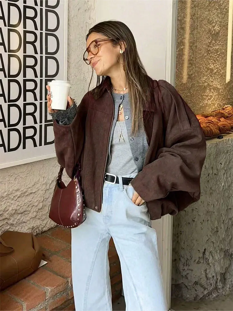 HH Women Fashion Coffee Brown Faux Suede Coat Long Sleeve Zipper Bomber Jacket Office Lady Loose Casual Oversize Jackets