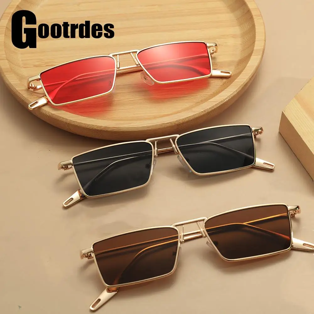 

Retro Narrow Rectangular Metal Sunglasses Women Men Fashion Hip-hop Sunglasses 2022 Summer New UV Protection Sun Shades