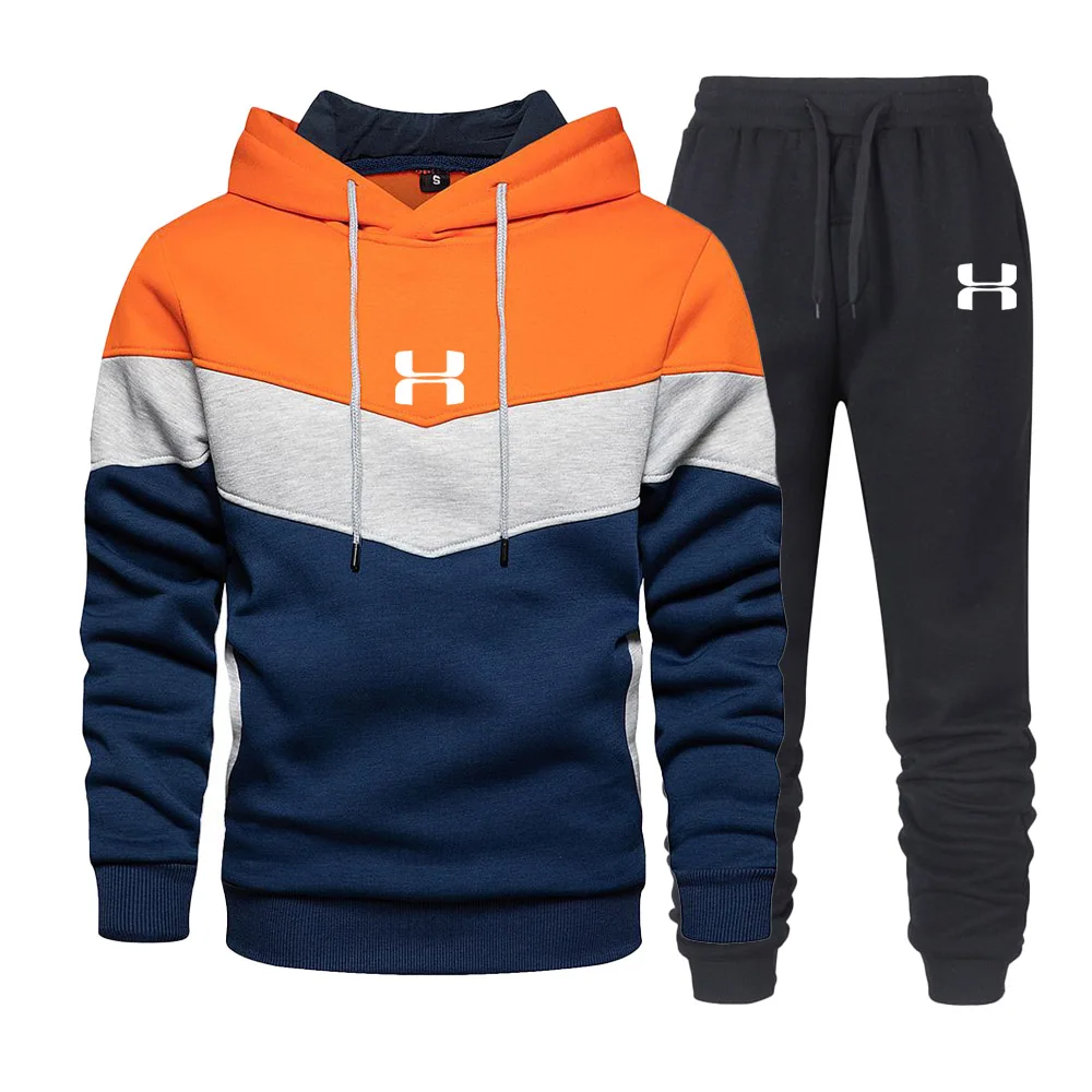 Fashion Sport Tracksuit Mens Winter Print Hoodies + Long Pants 2PCS Set Casual Splicing Hoodies Outdoor Sport Jogging Wear