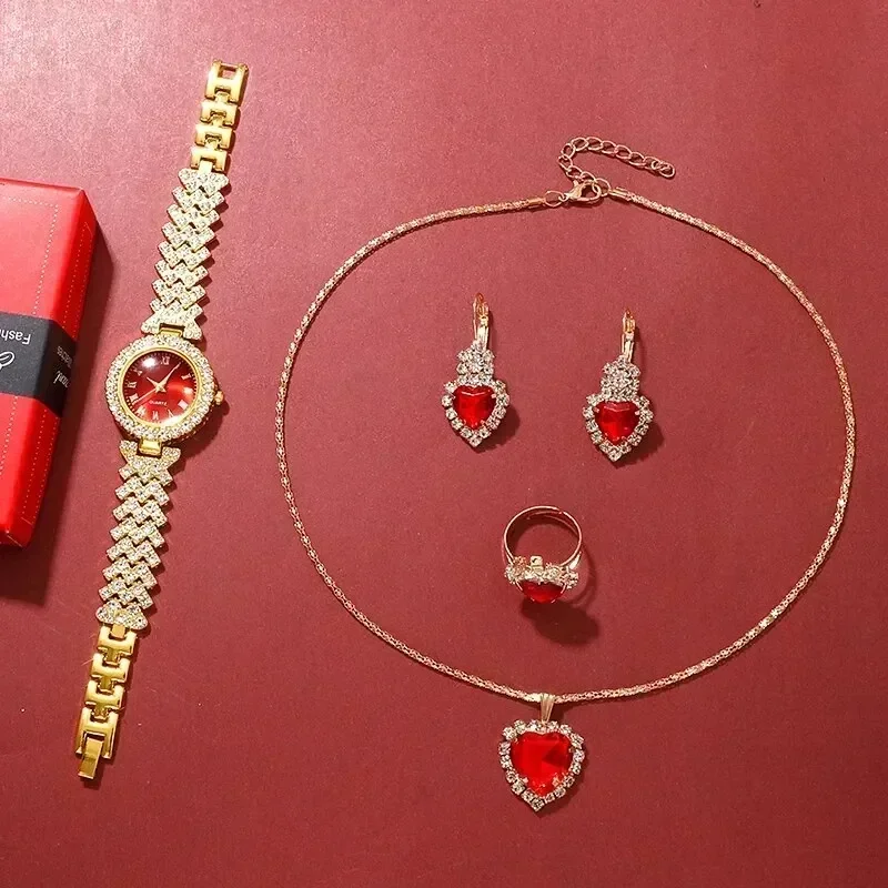 Golden Luxury Watch Women Ring Necklace Earring Rhinestone Fashion Wristwatch Casual Ladies Bracelet Watches Jewelry Set 3
