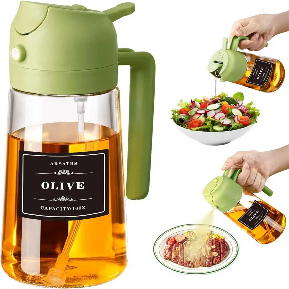 Oil Sprayer for Cooking, Kitchen 2 in 1 Spray and Pour Olive Oil Dispenser with Stickers,470ML Glass Oil Spray Bottle