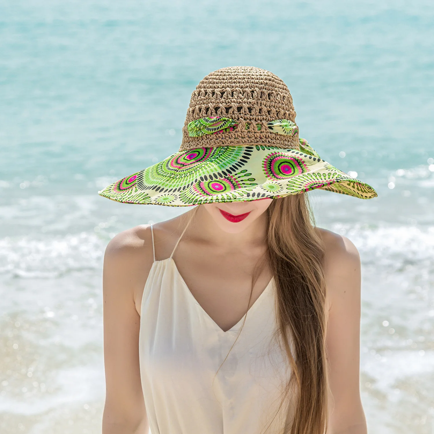 Frauen Frühling Sommer breite Krempe Falt strohhut für Strand urlaub Dame böhmischen Stil Blume Sonnenschutz kappe mit Fliege neu – Detail 8