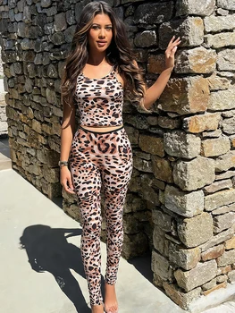 Weird Puss Tracksuit Casual Women 2 Piece Set Summer Leopard Print Sporty Tank Tops+Leggings Activity Stretch Fitness Streetwear