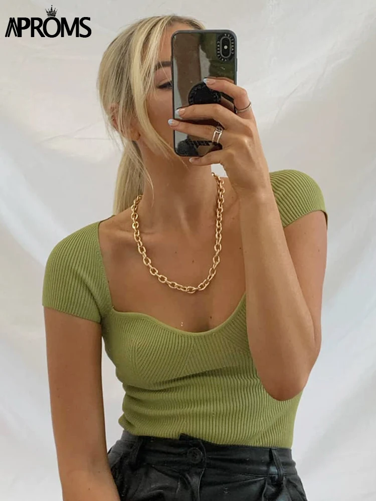 

Aproms Green Square Neck Ribbed Knitted T-shirt Women Sexy Solid Color High Strench Tshirt Cool Girls Street Style Crop Top 2022