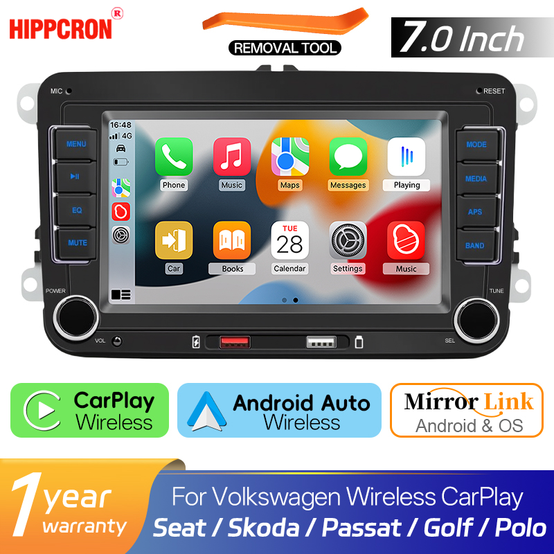 Hippcron 7” Car Radio 2din Multimedia MP5 Player With Wireless Carplay and Android Auto for Volkswagen Seat Skoda Passat Golf