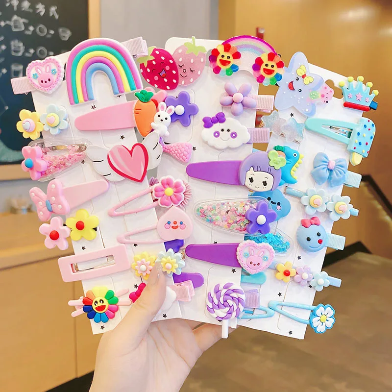 14Pcs/Set Girls Princess Hair Clips Cartoon Rabbit Rainbow Hairpin for Baby Lovely Floral Barrettes Children Hair Ornaments children qiu dong han edition heavy hair ball cap embroidery letters baby girl lovely warm accessories baotou hat knitting hat