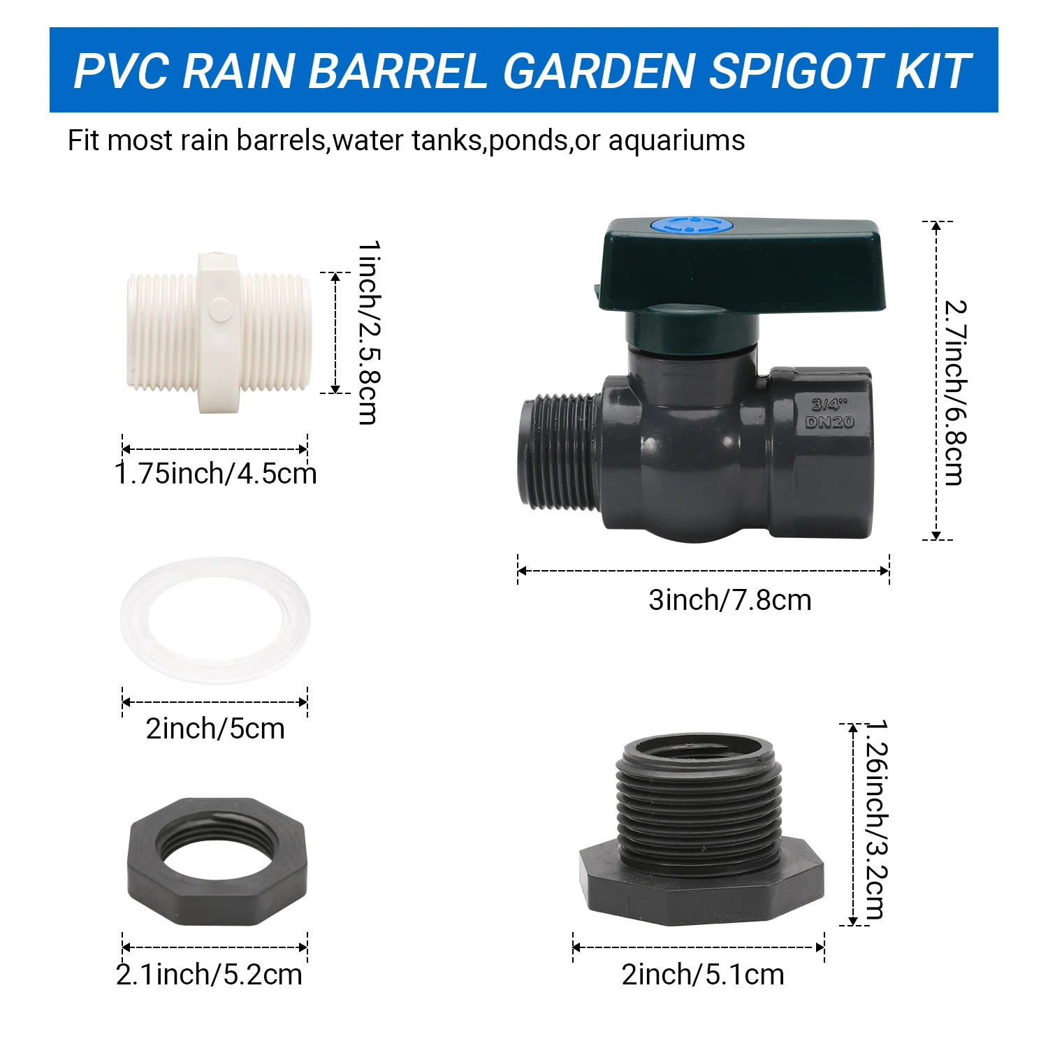 PVC Rain Barrel Diverter Kit 3/4 Inch Rain Barrel Valve Spigot Kit with Bulkhead Fitting Adapter tank tap connector tank tap adapter water faucet adapter garden hose adapter hose tap adapter tank fitting connector plastic pipe connector water pipe connector pipe connector water pipe fitting irrigation pipe fitting garden water connector faucet adapter garden faucet adapter faucet quick connector