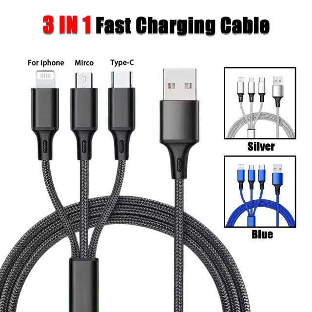 3-in-1 Fast Charging Cable Micro USB/Type C/Lightning 2A