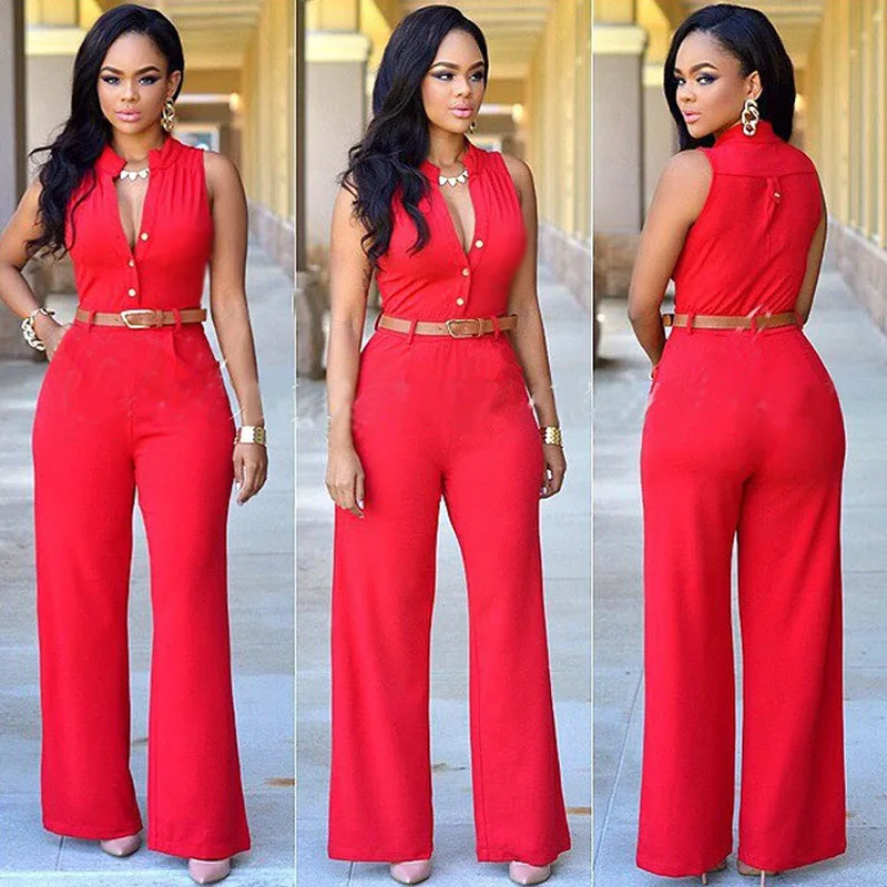 

Jumpsuits Women Summer Sleeveless Solid Color Belt V-neck Slim High Waist Wide Leg Pant Jumpsuit Commuting Fashion Lady Clothing