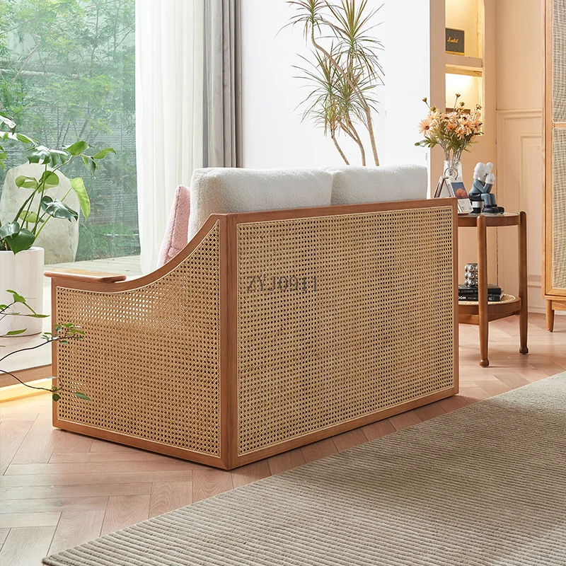 Nordic solid wood rattan sofa bed B B small apartment living