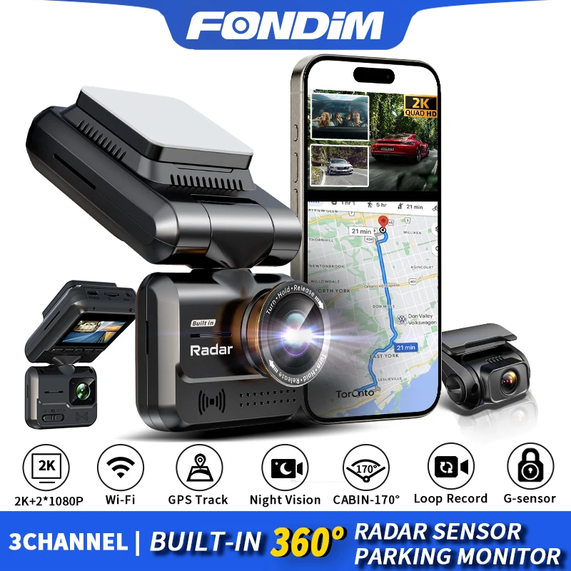 

Видеорегистратор FONDIM 3CH GPS, 2K UHD, передний + 1080P задний/170 ° задний свет, Встроенный радар 24 часа, парковка, супер ночное видение, Wi-Fi(A7WB)