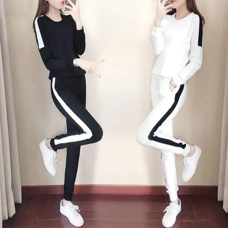 

Trend Long-Sleeved Two-Piece Sports Suit Running Fitness Clothing suit casual round neck trousers two piece woman Casual Sets