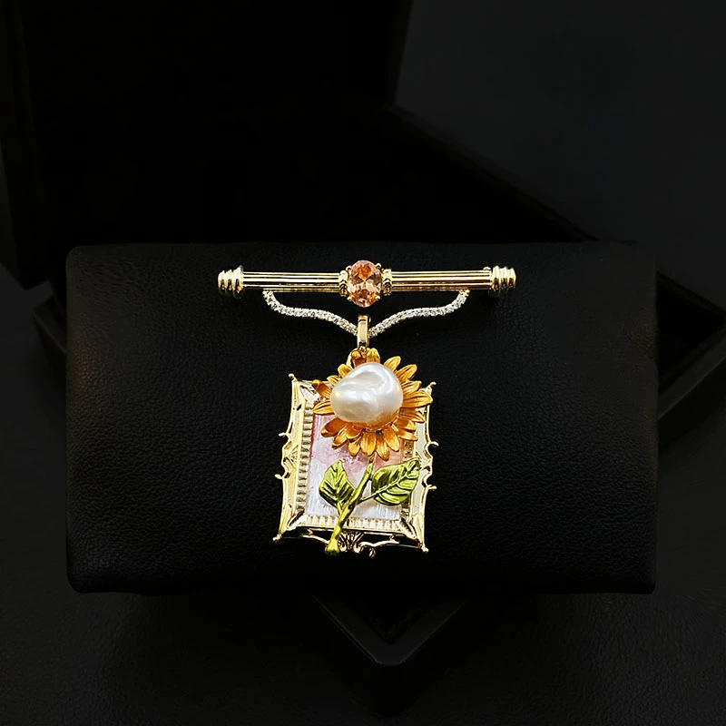 Baroque Pearl Sunflower Brooch Men Women Pin Corsage Oil Painting Design Sense Clothes Neckline Accessories Jewelry Gifts 5585