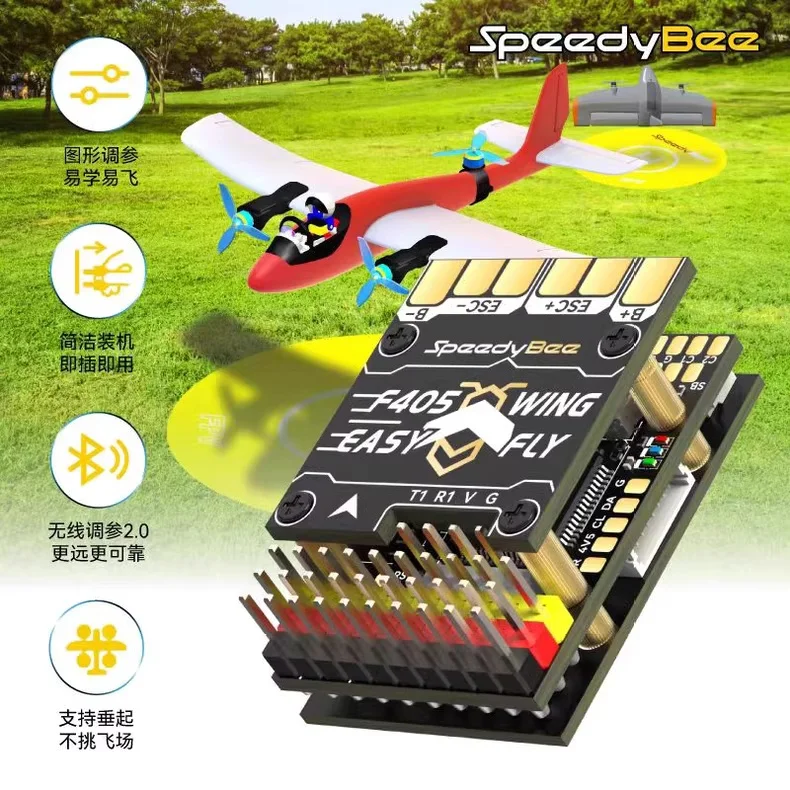 Installation du SpeedyBee F405 Wing APP dans un drone à aile fixe avec câbles branchés.