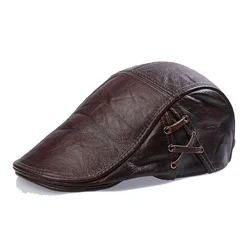 Men's Leather Hat Spring and Autum Middle-aged Cap Cowhide Baseball Outdoor Warm Flat Top Men's Cabbie Painter Hat Gatsby Beret