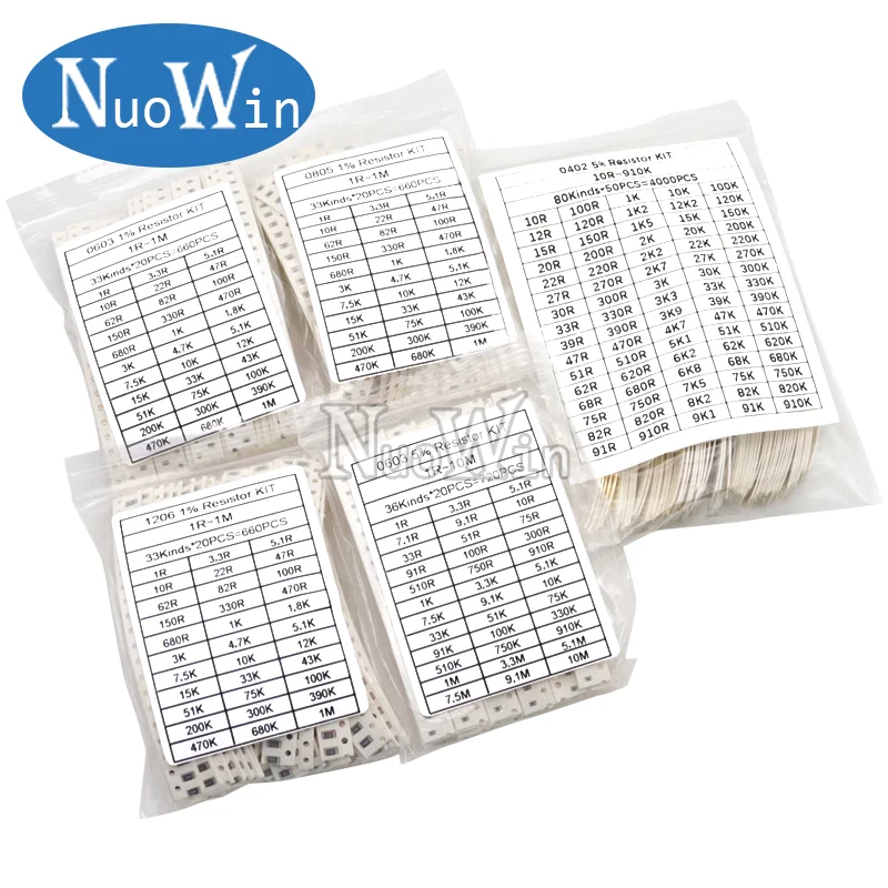 0402 0603 0805 1206 1210 2010 2512 Kit Campione Resistore Chip Smd Resistenza In Lega Set Assortito 1% 5% 10R 100R 220R 1K 10K 100K