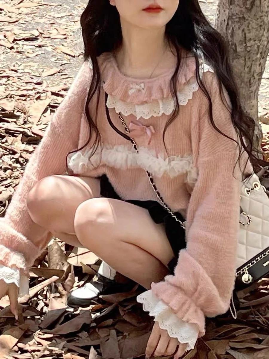 

Lace Ruffle Kawaii Pink Sweater Japanese Style Women Cute Knitted Pullover Bow Patchwork Harajuku Fashion Y2k Aesthetic Jumper