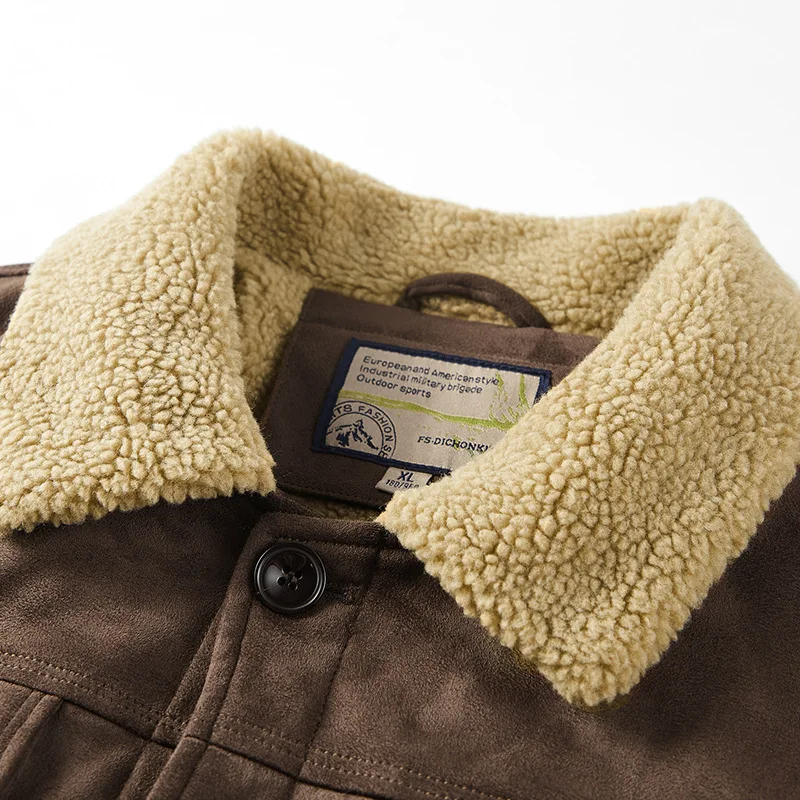 Winter Faux Suede Workwear Jacket Men's Fleece Thickened Loose Lapel Multi-Pocket Faux Sherpa Warm Jacket Plus Size Coat