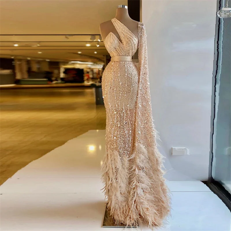 

Champagne Mermaid Prom Dress Sequins Beads One Shoulder One Long Sleeves Feather Lace Floor Length Plus Size Evening Gowns