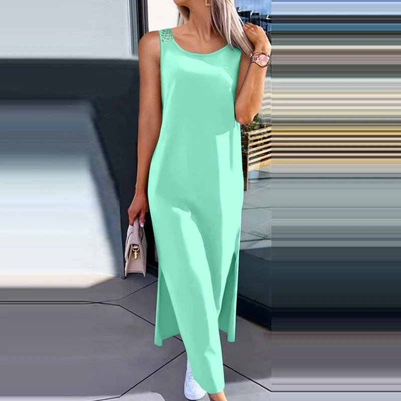 

Summer Sleeveless Casual Solid Color Tank Dress Fashion O Neck Backless High Street Dress Women Holiday Beach Long Dress Vestido