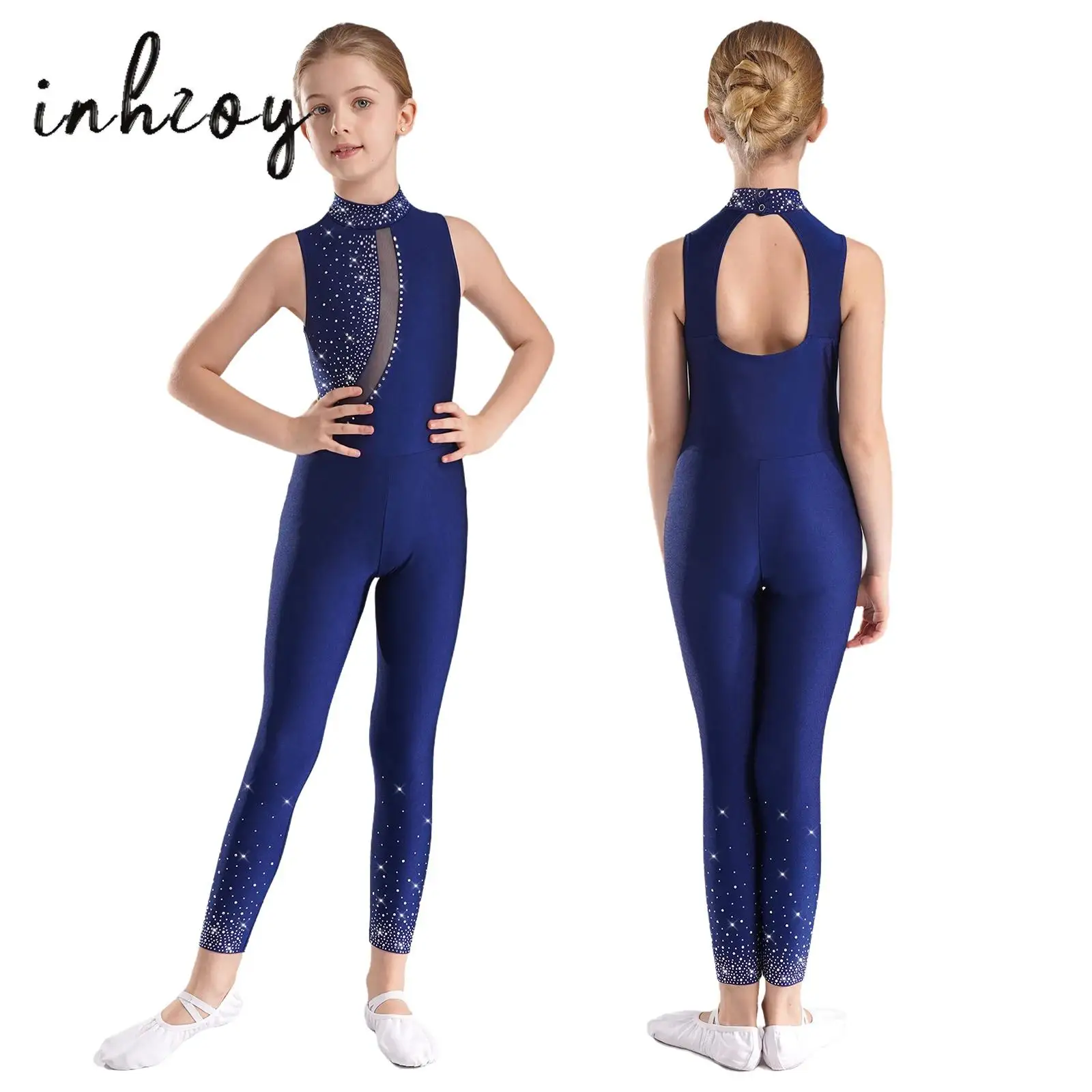 Kids Girl Sleeveless Figure Skating Full Bodysuit Jumpsuit Ballet Dance Gymnastics Leotard Tank Rhinestones Tank Unitard Costume ballet leotard dance leotard